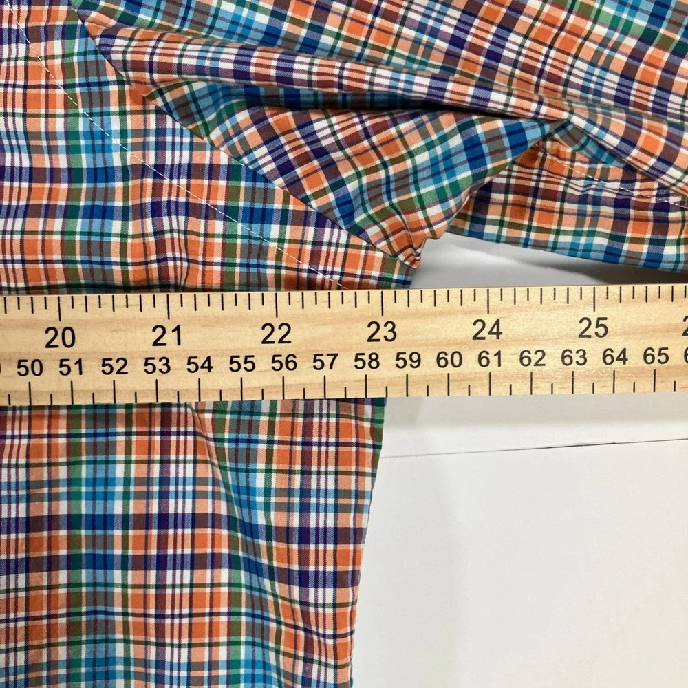 Polo Ralph Lauren Shirt Mens L Orange Blue Plaid Button Down Cotton Stretch Pony